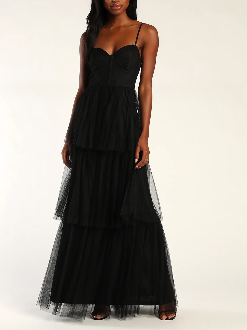 Lulu's Black Tiered Tulle Maxi Dress with Sweetheart Neckline